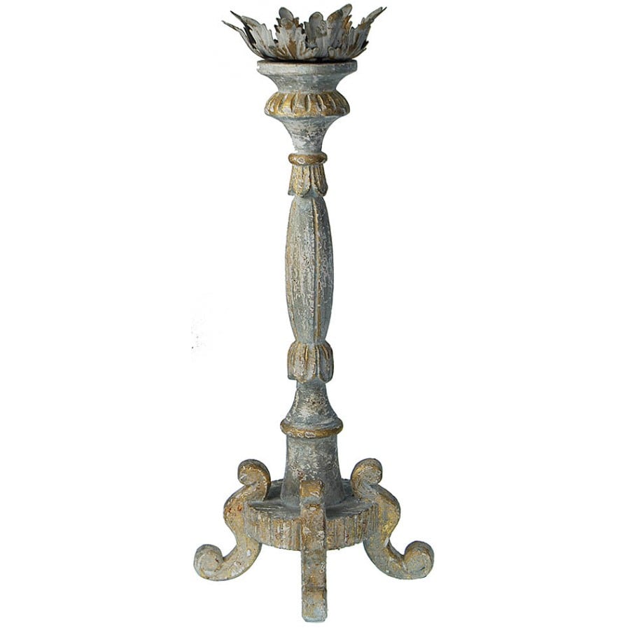 Image of Carved Wood Candlestick with distressed Blue-Grey finish and Gold accents