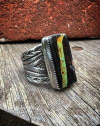 Image 1 of WL&A Handmade Heavy Ingot Arrowhead Black Jack Ribbon Turquoise Ring - Size 9