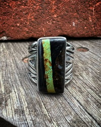 Image 2 of WL&A Handmade Heavy Ingot Arrowhead Black Jack Ribbon Turquoise Ring - Size 10