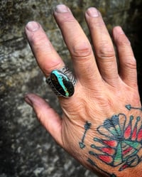 Image 3 of WL&A Handmade Heavy Ingot Arrowhead Black Jack Ribbon Turquoise Ring - Size 13