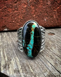 Image 2 of WL&A Handmade Heavy Ingot Arrowhead Black Jack Ribbon Turquoise Ring - Size 13