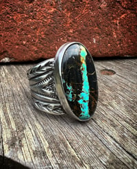 Image 1 of WL&A Handmade Heavy Ingot Arrowhead Black Jack Ribbon Turquoise Ring - Size 13