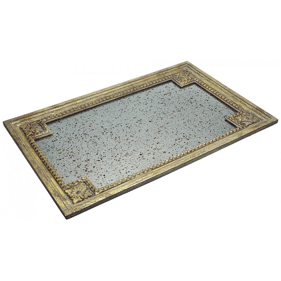 Image of Antiqued Mirrored Wood Serving Tray with distressed Gold finish