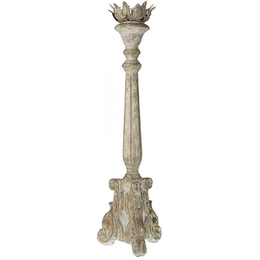 Image of Carved Wood Candlestick with Cream, Grey and Gold distressed Finish