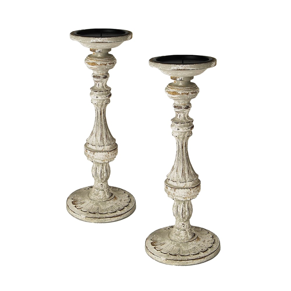 Image of Pair of carved wood Candlesticks with Light Gray and White distressed finish