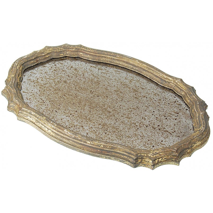Image of Antique reproduction wood serving tray with distressed gold finish and antiqued mirrored base