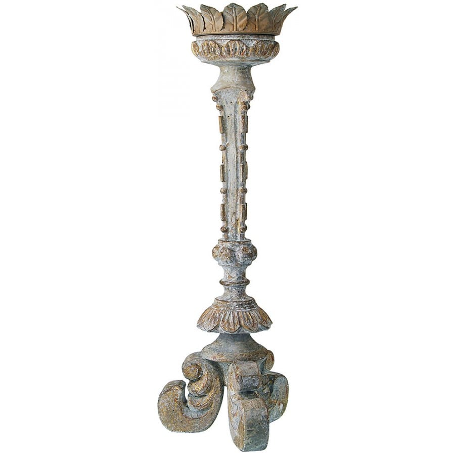 Image of Antique reproduction carved wood candle holder with distressed blue-grey finish and gold accents