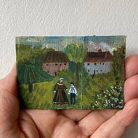 Woman and boy in a green landscape - tiny painting 