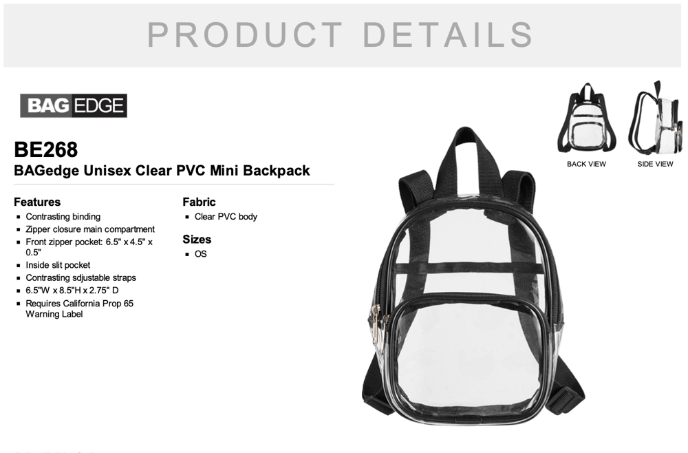 CLEAR MINI BACKPACK stadium / concert approved