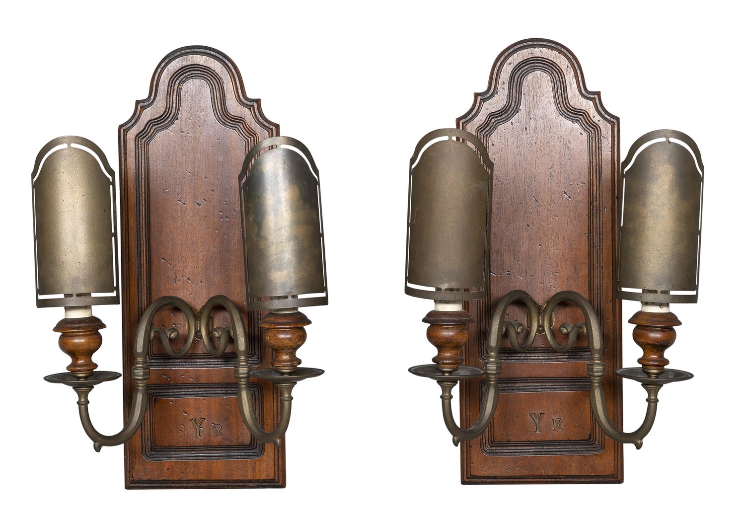 Image of Distinguished Pair of large Art Nouveau or Traditional Bronze and Wood Wall Plaque Sconces