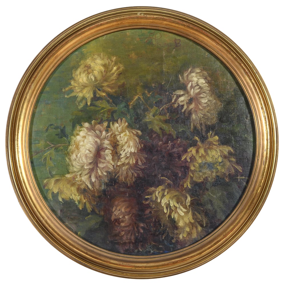 Image of 19th century Italian vintage floral oil painting in a round giltwood frame