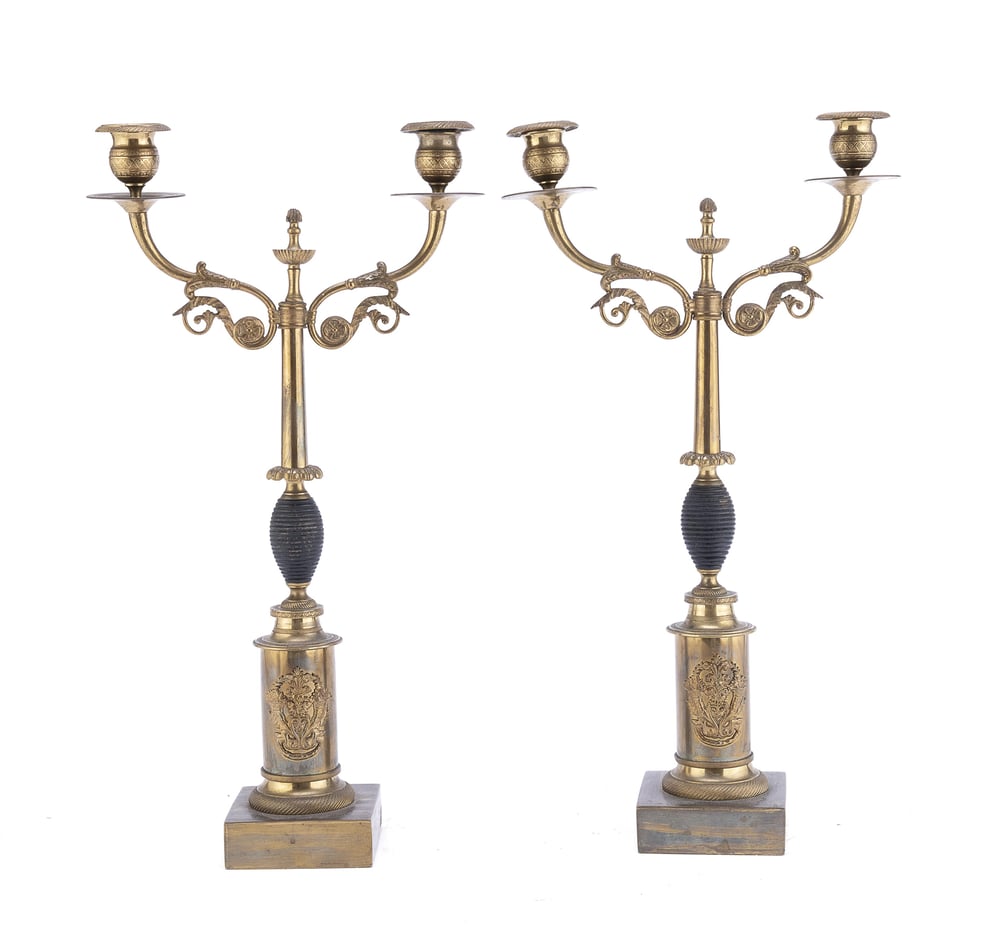 Image of A distinctive pair of 19th century Empire Style Gilt Metal candlesticks