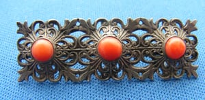 Edwardian  Bar Pin Coral Filigree  Brooch 