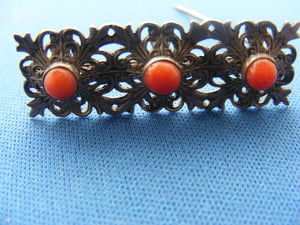 Edwardian  Bar Pin Coral Filigree  Brooch 