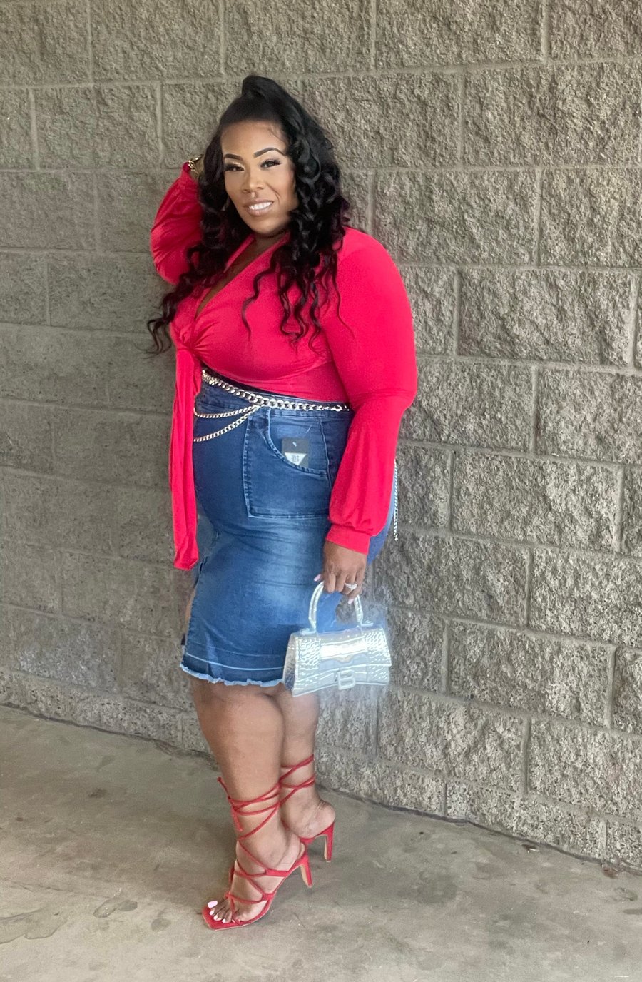 Image of  3PIECE PLUS SIZE STRETCHY ZIPPER FRONT DENIM PENCIL SKIRT