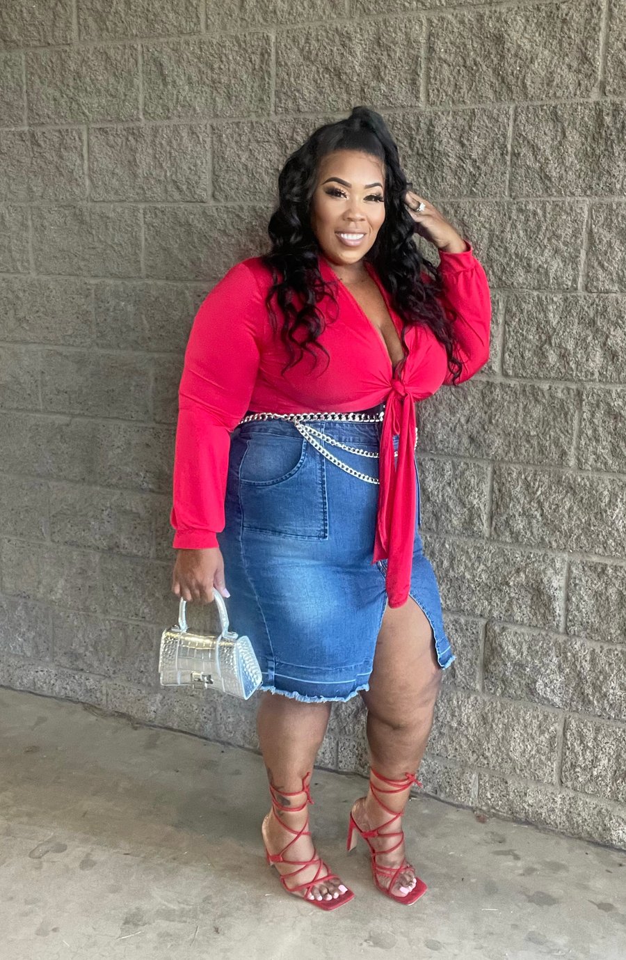 Image of  3PIECE PLUS SIZE STRETCHY ZIPPER FRONT DENIM PENCIL SKIRT