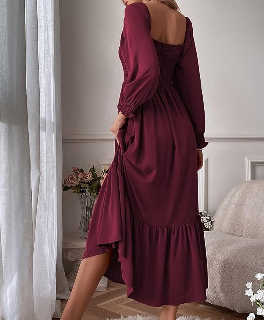 Image of XL WDIRARA Women's Square Neck Flounce Shirred Ruffle Hem Elegant Long Sleeve Maxi Dress