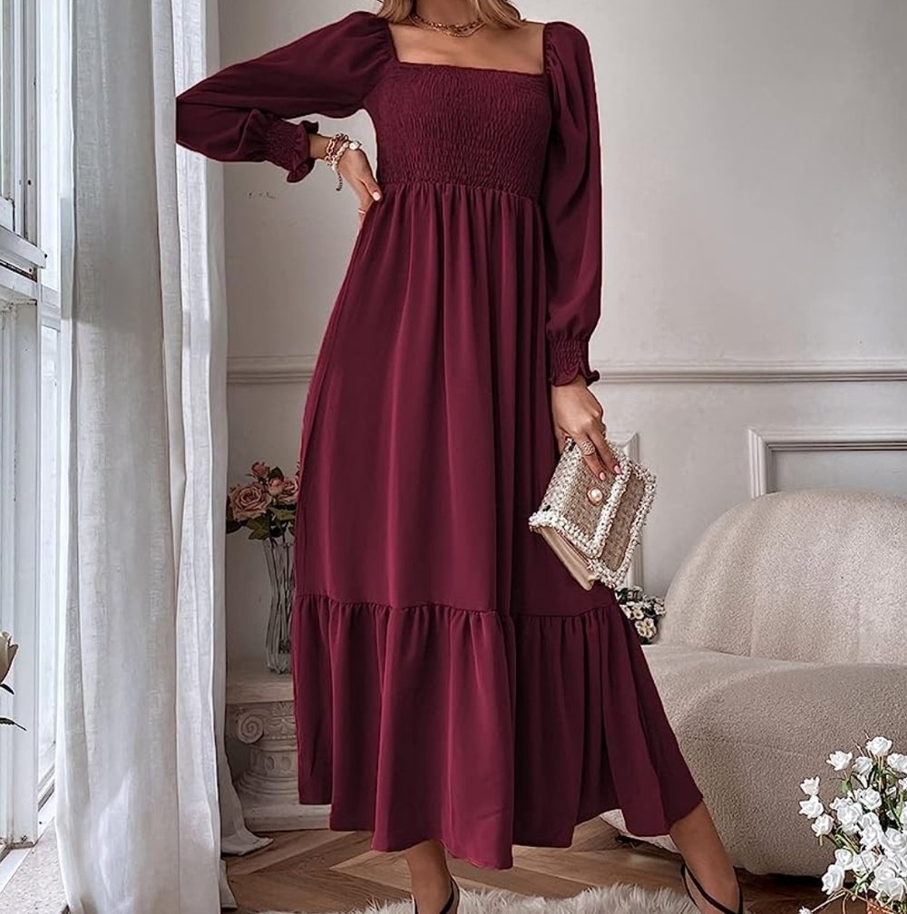 Image of XL WDIRARA Women's Square Neck Flounce Shirred Ruffle Hem Elegant Long Sleeve Maxi Dress