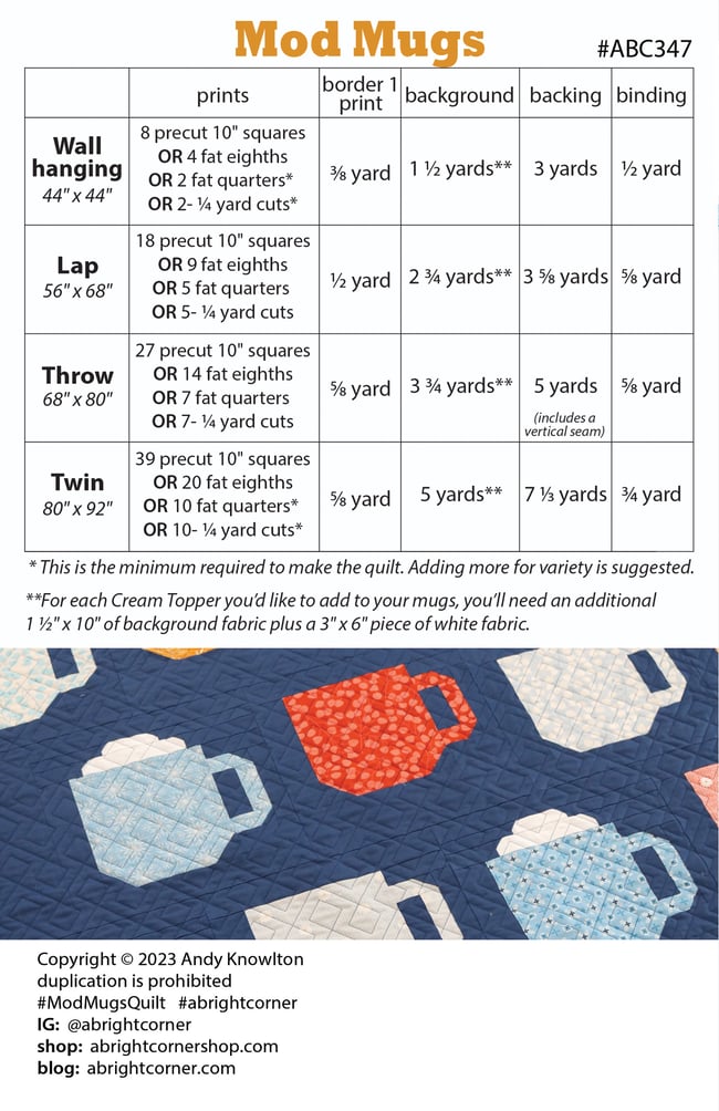 Mod Mugs quilt pattern - PAPER pattern | A Bright Corner