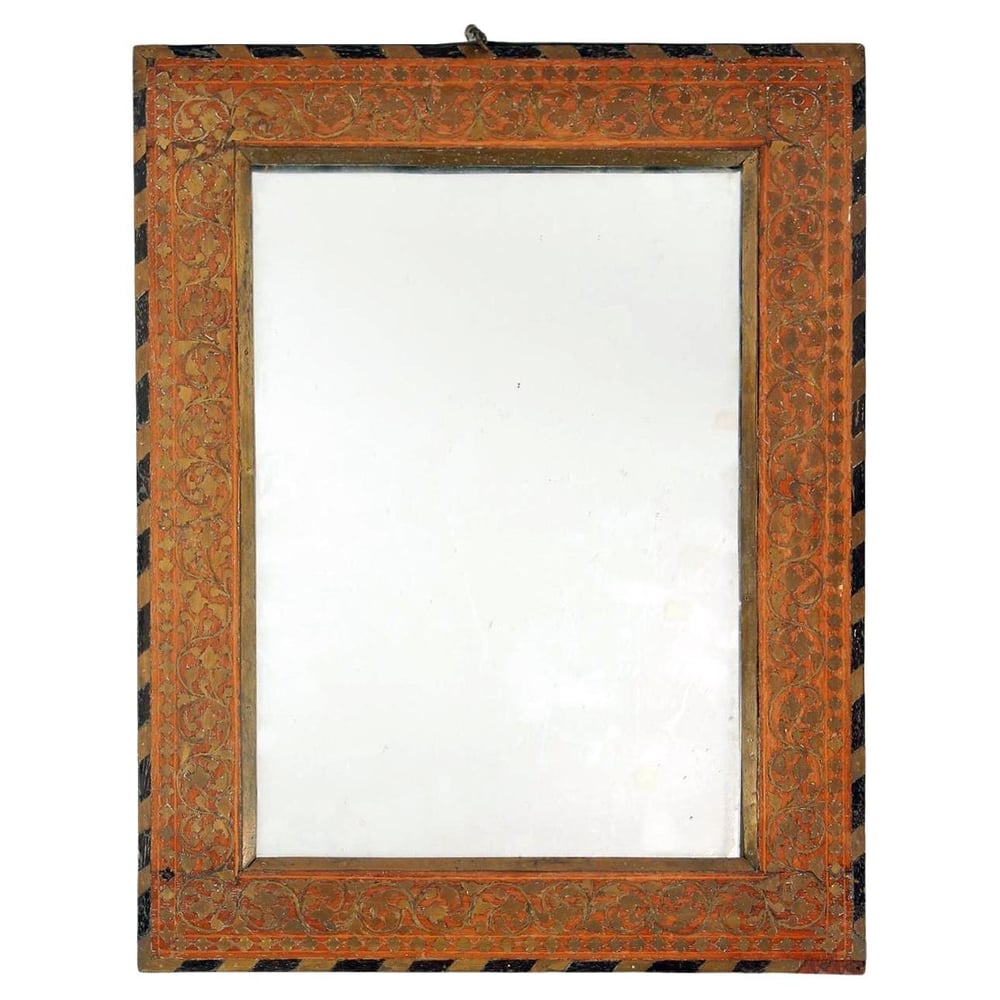 Image of Antique 19th century Inlaid Brass and Wood Framed Mirror