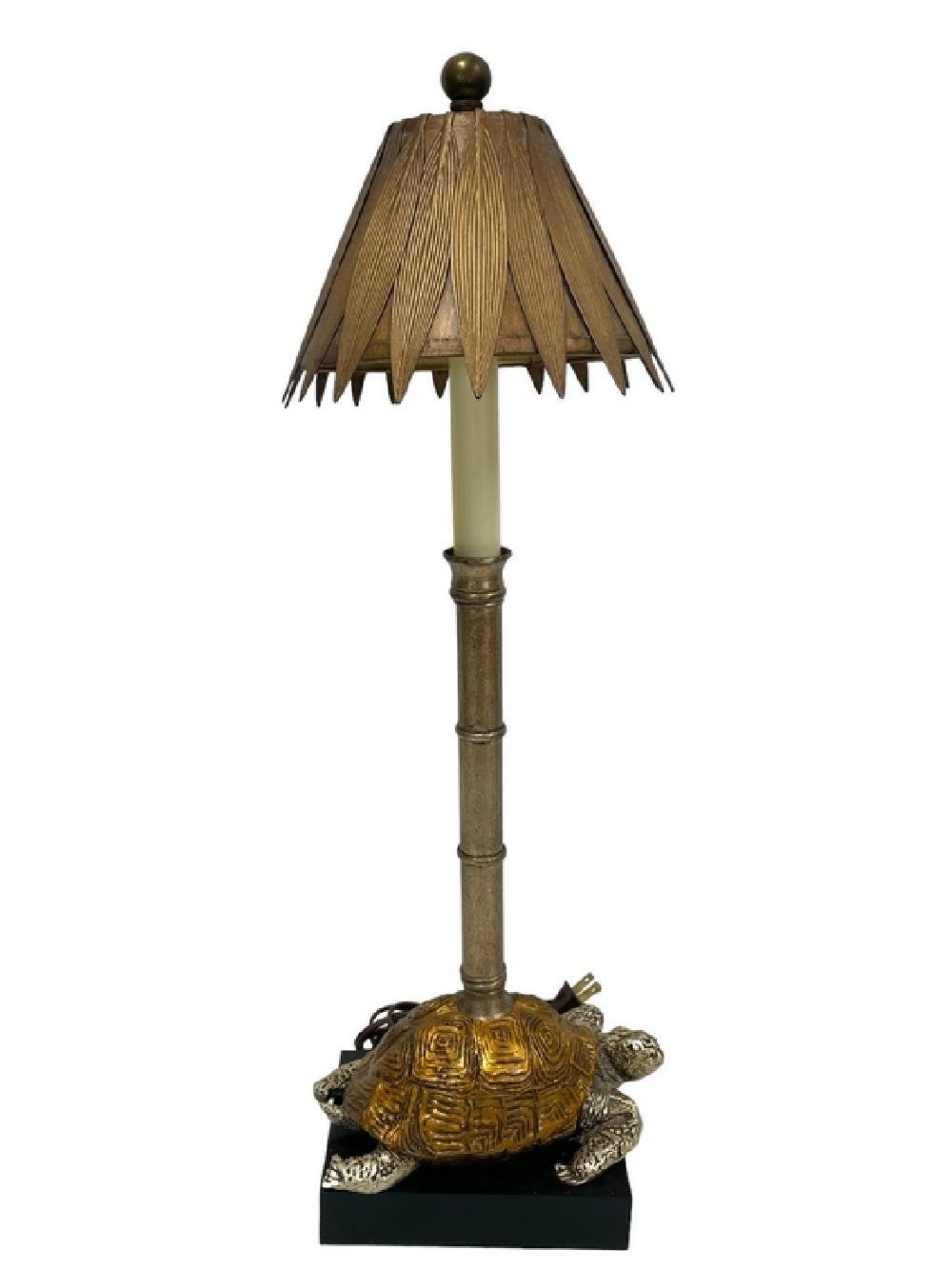 Image of Lamp with Tortoise Motif Base and Bamboo stem surmounted by a Palm Stylized Shade