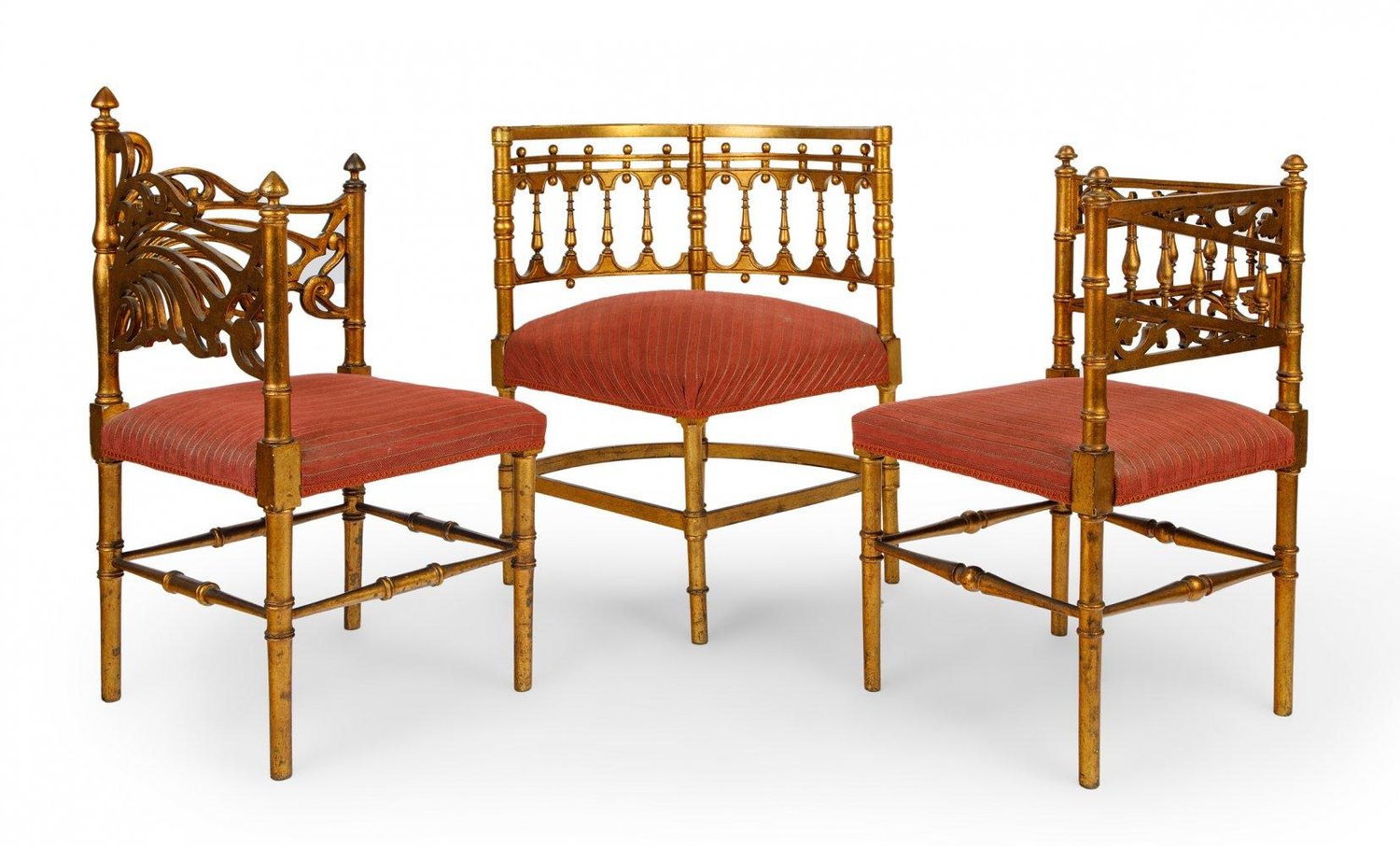 Image of Three giltwood and fabric upholstered French Provincial meets Art Nouveau Corner Chairs