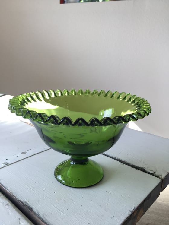 Image of Vintage Green Glass Pedestal Bowl