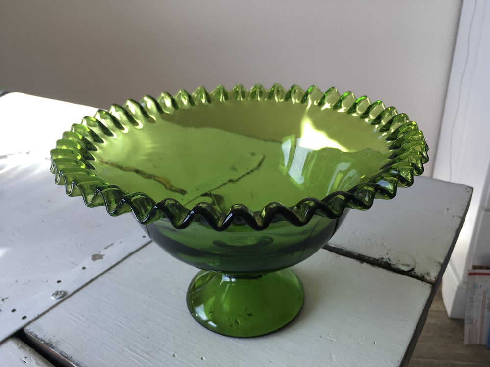 Image of Vintage Green Glass Pedestal Bowl