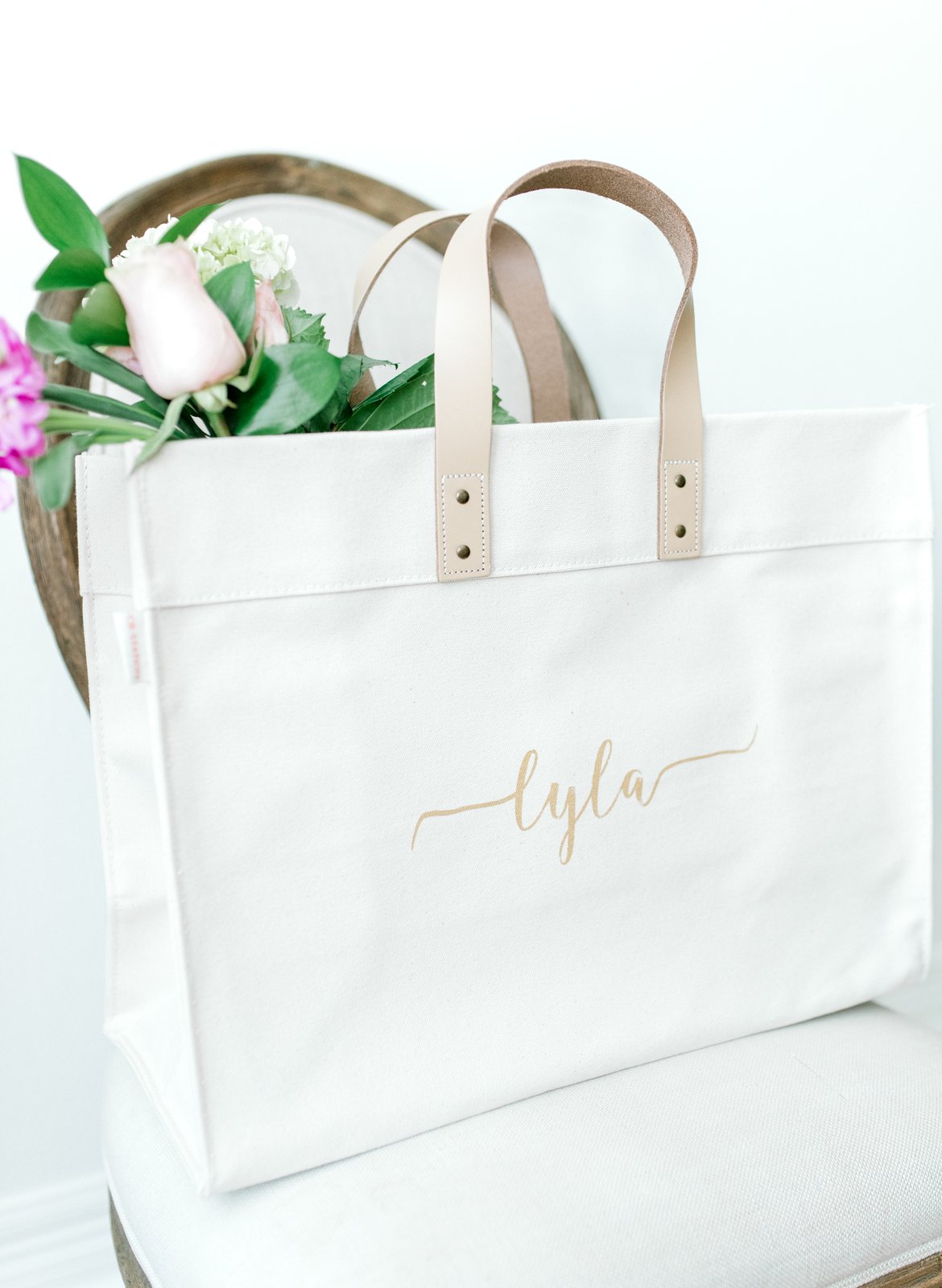 GOLD CALLIGRAPHY HEAVYWEIGHT CANVAS TOTE WITH LEATHER STRAPS Lyla Grace Design