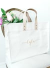 GOLD CALLIGRAPHY HEAVYWEIGHT CANVAS TOTE WITH LEATHER STRAPS