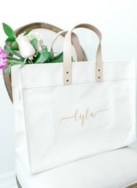 Image 4 of GOLD CALLIGRAPHY HEAVYWEIGHT CANVAS TOTE WITH LEATHER STRAPS