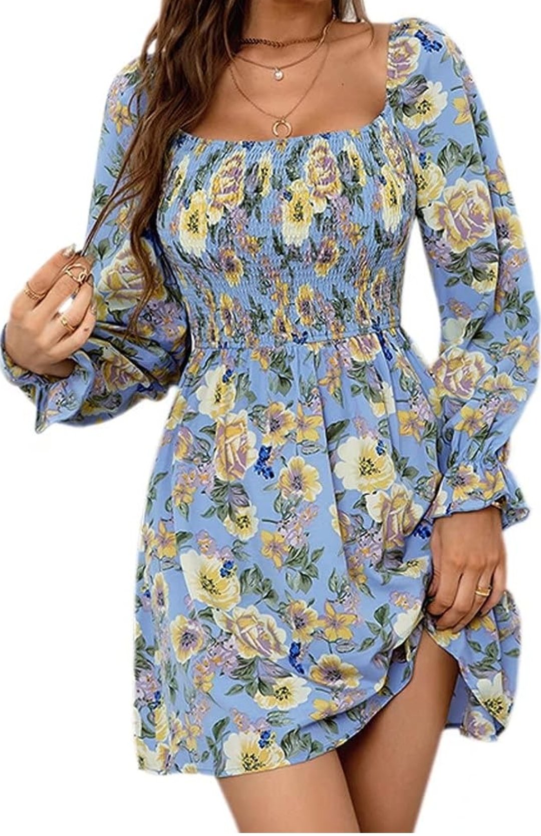 Image of Large Floral Off The Shoulder Long Sleeve Swing Smocked Mini Dress