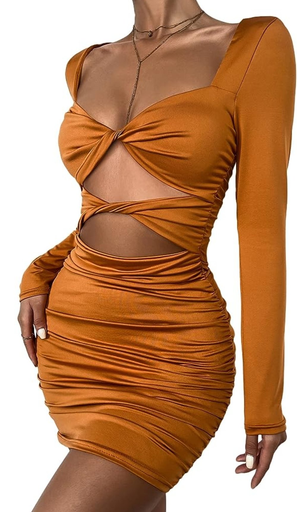 Image of XSmall Riclena Women's Sexy Deep V Neck Hollow Out Long Sleeve Ruched Bodycon Mini Dress