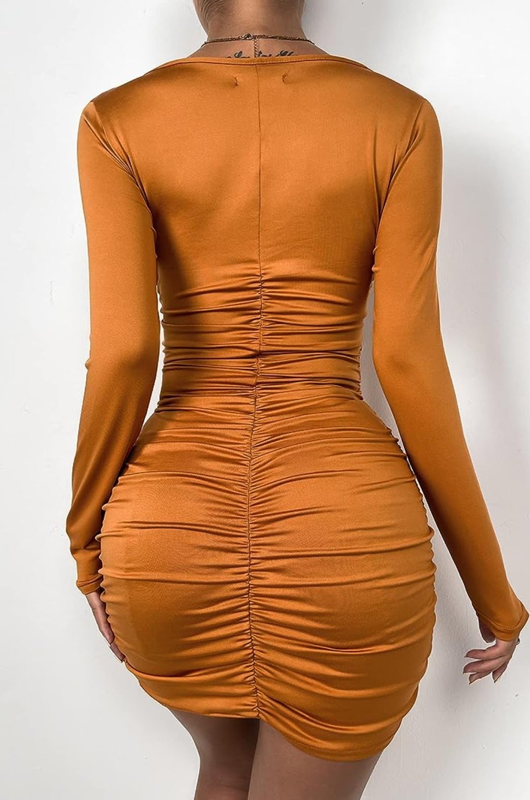 Image of XSmall Riclena Women's Sexy Deep V Neck Hollow Out Long Sleeve Ruched Bodycon Mini Dress