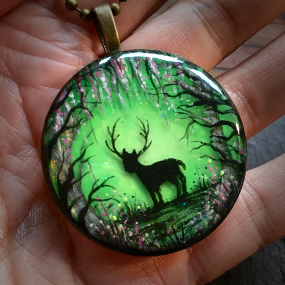 Stag in Enchanted Floral Forest Pendant
