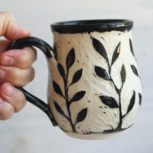 Image of Sgraffito Garden Mug, Hand Carved Botanical Design Specialty Art Mug, Made in USA