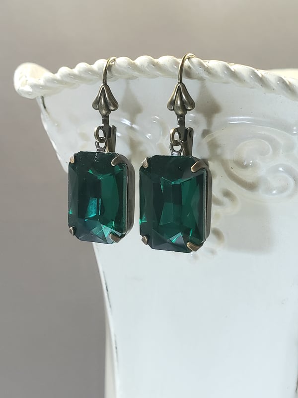 Image of Emerald Green Antique Bronze Art Deco Earrings - 1920s Estate Style Earrings