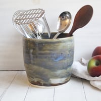 Image 1 of Large Rustic Utensil Holder in Blue Gray Glaze, Handmade Stoneware Ceramic Crock, Made in USA