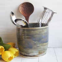 Image 3 of Large Rustic Utensil Holder in Blue Gray Glaze, Handmade Stoneware Ceramic Crock, Made in USA