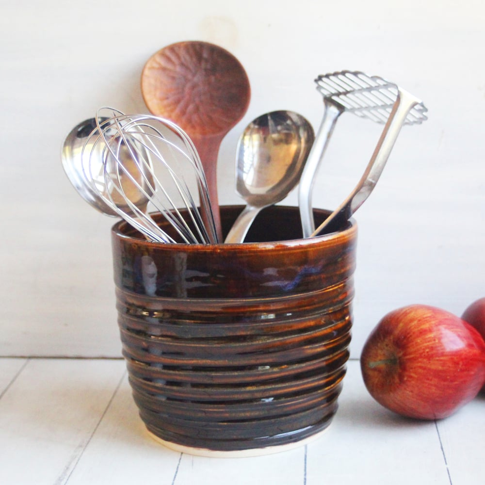 Image of Rustic Utensil Holder in Gorgeous Shiny Brown Glaze, Ceramic Pottery Crock, Made in USA