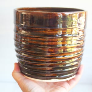 Image of Rustic Utensil Holder in Gorgeous Shiny Brown Glaze, Ceramic Pottery Crock, Made in USA