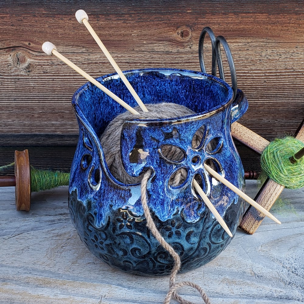 Image of Yarn Bowl/ Crafter's Catch-all with Bonsai Snips: Indigo with Floral Vines