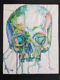 Original Artwork- Green and Orange Drip Skull 8.5x11 inches
