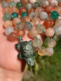Image 1 of Colorful Flower Agate Mala with Carved Turtle Pendant, Flower Agate Turtle Totem Necklace