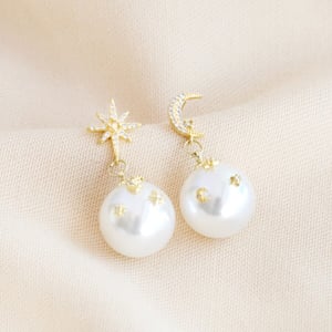 Image of Lisa Angel | Crystal Star and Moon Pearl Drop Earrings