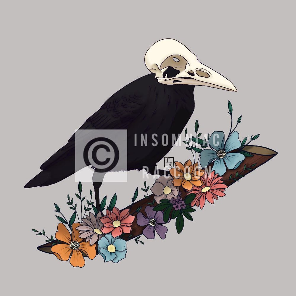 Image of Crow with flowers and skull