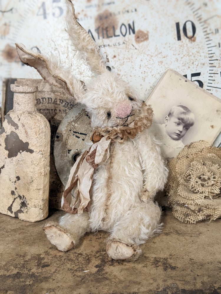 Image of 14" (tip of ears) -Shabby Vintage style CREAM Mohair Rabbit by Whendi's Bears ,.