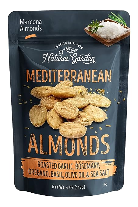 Image of Mediterranean Almonds, 4 oz (Pack of 6) - Roasted Garlic Almond, Savory Almond Snacks