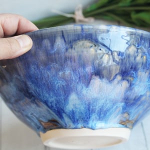 Image of Serving Bowl in Beautiful Blue Glazes, Handcrafted Pottery Centerpiece, Made in USA