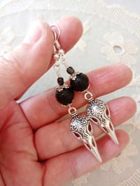 Image 2 of Gothic Raven Skulls Black Lava Bead Earrings, Pierced or Clip On